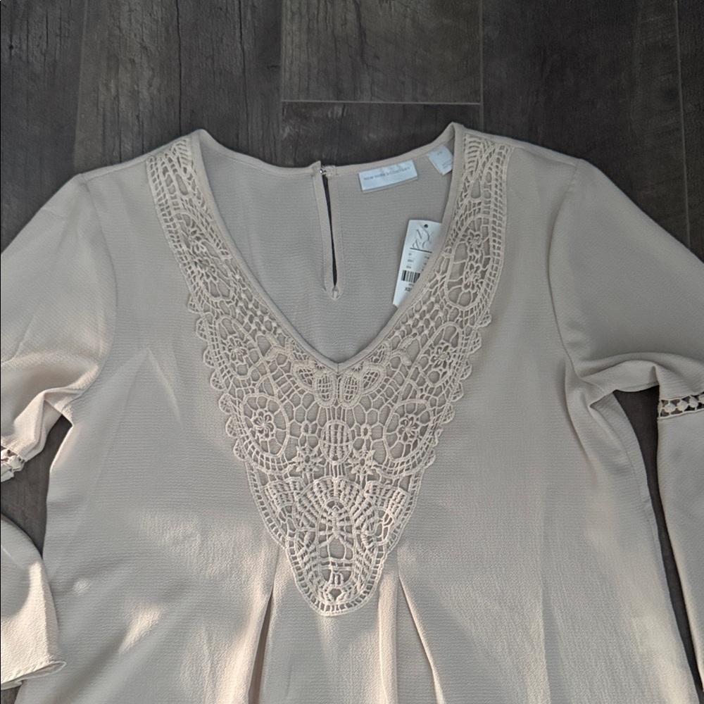 New York & Company Beige Lace-Trim V-Neck Blouse